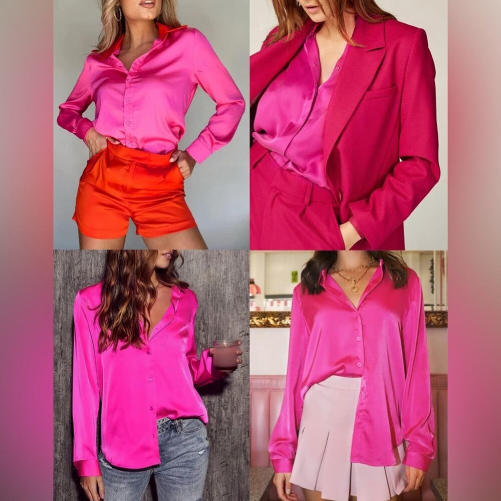 NWT Button Down Electric Pink Satin Oversized Top, size S, Classic, Casual